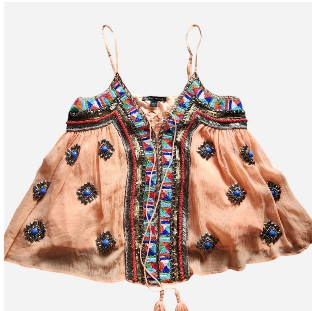 Boston Proper Y2K Boho Embellished Beaded Flowy Babydoll Top Size XS